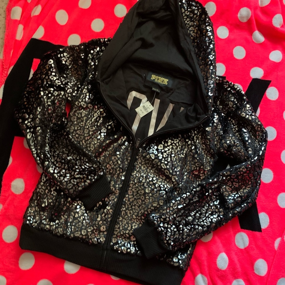 VS PINK Victoria's Secret Shiny Silver Leopard Print Black Hoodie with tags